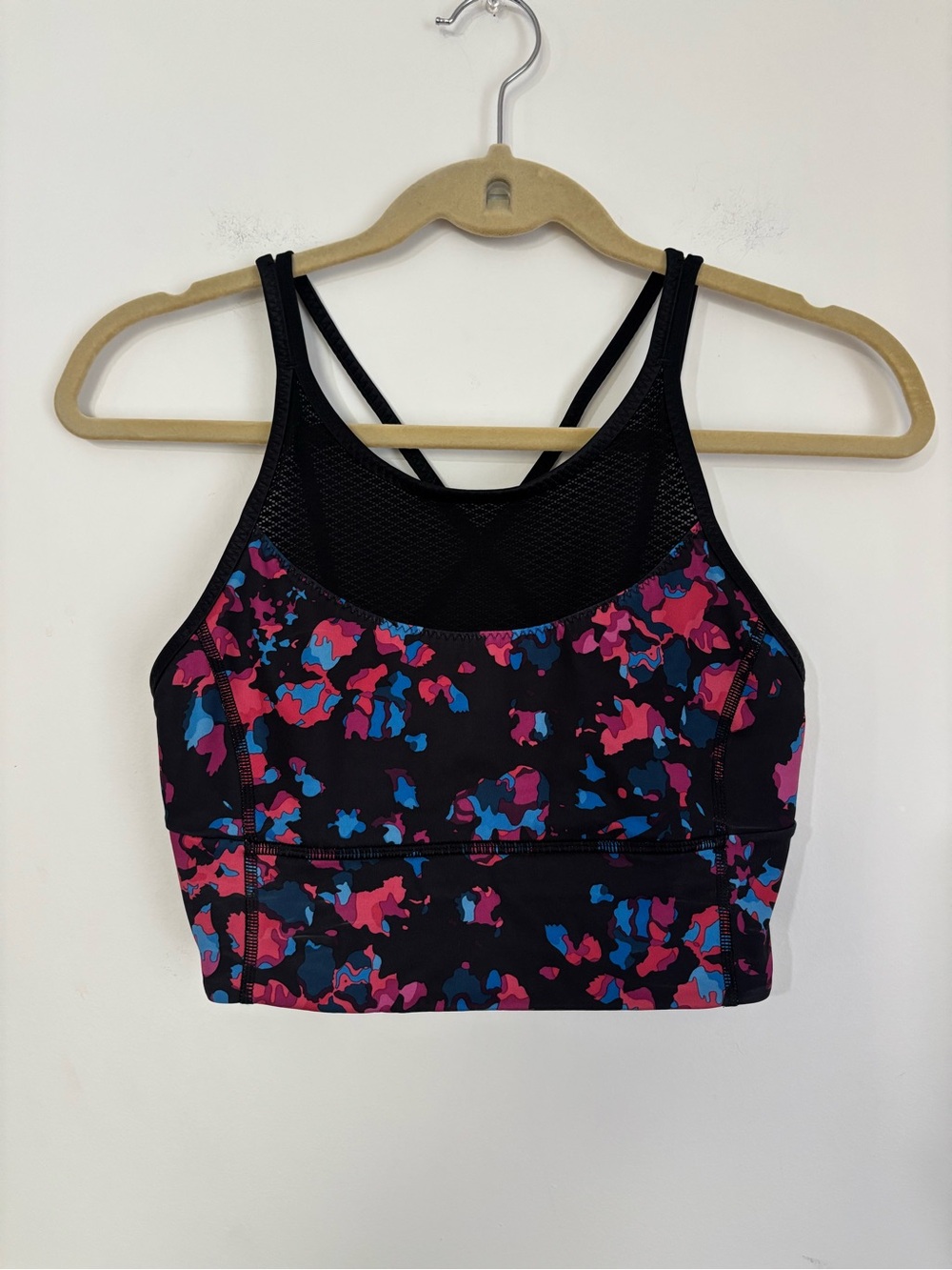 lululemon athletica Black Sports Bra with Pink & Blue Print